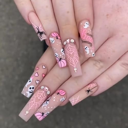 Halloween Press On Nails Long Square Pumpkin Spider Web Rhinestones Ghost - Halloween1