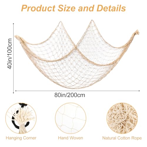 Natural Fish Net Decoration Set for Ocean & Mermaid Party, Beach Wall Hangings - Beige, 6 Pack