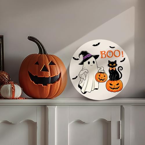 Halloween Boo Door Hanger Ghost and Black Cat Sign - 12x12 Inch Outdoor Wreath with Jack-o'-Lanterns and Bats - Black Cat Ghost Variation