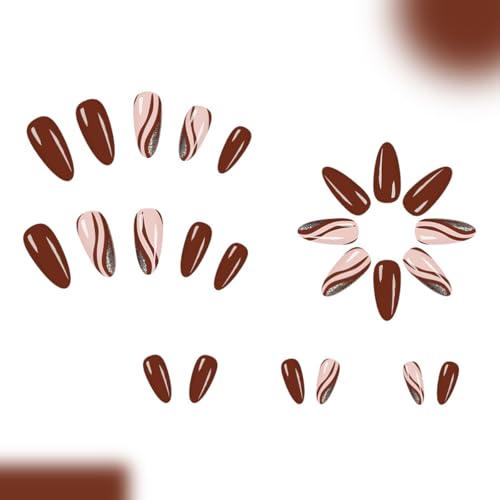 Fall Press On Nails Short Almond Design Stripe Glitter Style-007 - Reusable Glossy Acrylic Fake Nails for Women Menicure 24Pcs