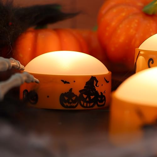Halloween LED Pumpkin Lights with Remote Control - 12 Pack Orange with Decals