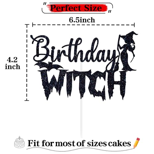 Black Glitter Birthday Witch Cake Topper Halloween 20th 30th 40th 50th Celebration Decor