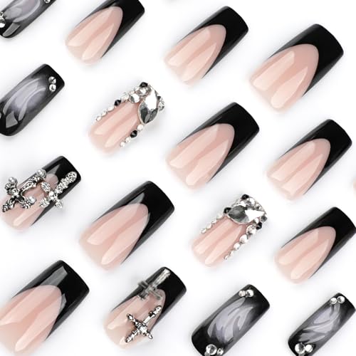 MISUD Long Square Press on Nails with Goth Black French Tip Cross Design - 24 Pcs, Variation 099A01Black