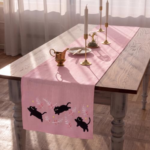 Pink Embroidered Black Cat Table Runner - Kitchen Decor, 13x72 Inches