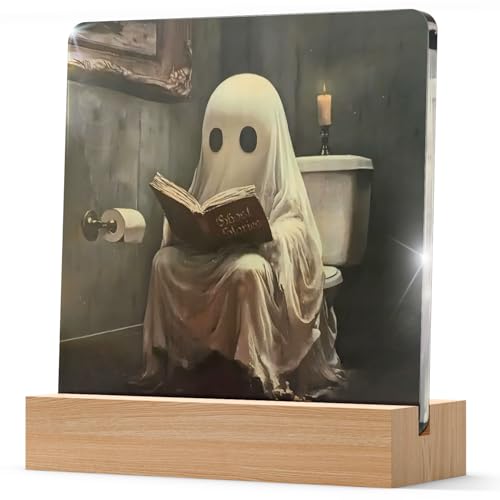 Halloween Ghost Decor Gift Acrylic Plaque with Wooden Stand for Home & Bathroom