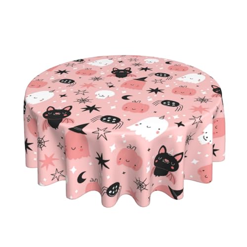 Pink Halloween Round Tablecloth 60 Inch Ghost Pumpkin Decoration, Washable & Wrinkle-Resistant