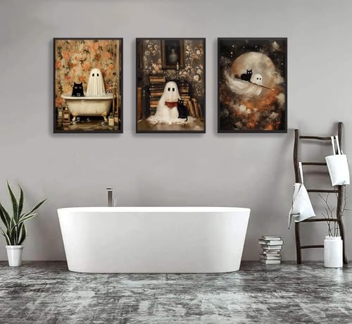 Halloween Ghost Wall Art Set - Gothic Moody Ghosts & Black Cat Poster 24x16 Inches