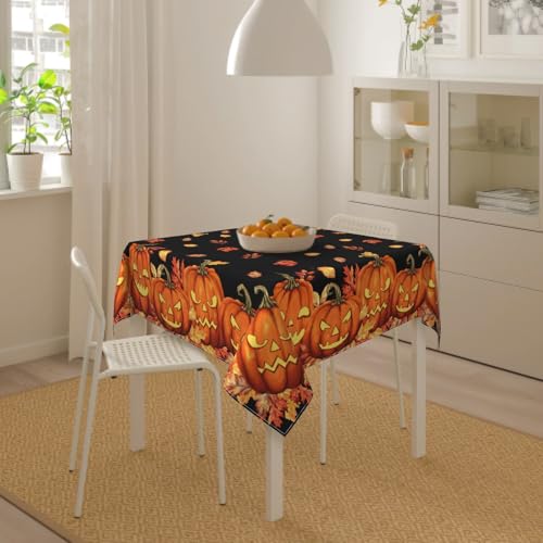 Halloween Tablecloth 54x54 Inch Square Spooky Pumpkin Leaves Water-Resistant Fabric