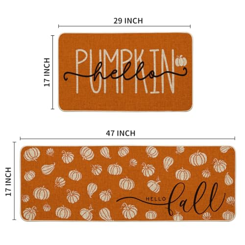 Pumpkin Fall Kitchen Mats Set of 2 - 17x29 & 17x47 Inches, Orange