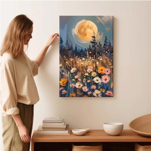 Wildflowers Wall Art Decor - Gothic Enchanted Full Moon Oil Painting Canvas - Framed 12x18in