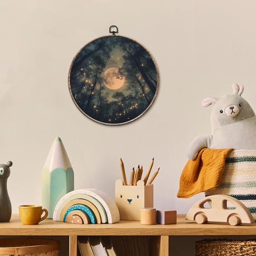 Full Moon Forest Round Wall Art Canvas - Enchanted Nature Decor, 10x10in