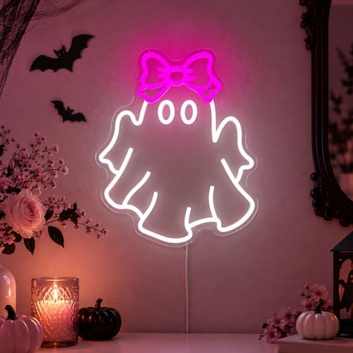 Pink Ghost Neon Sign with Bow - Halloween Wall Decor for Kids' Bedrooms