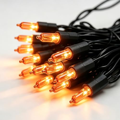 Orange Halloween String Lights 50 Count Connectable IP44 Waterproof Black Wire - 11 Feet