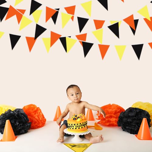Fabric Bunting Banner 40Ft Triangle Flags for Construction & Party Decor - Black, Orange, Yellow