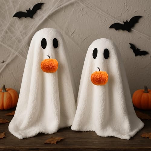 Halloween Ghost Table Centerpieces with Pumpkin - 2 Pcs Sherpa Decor Set