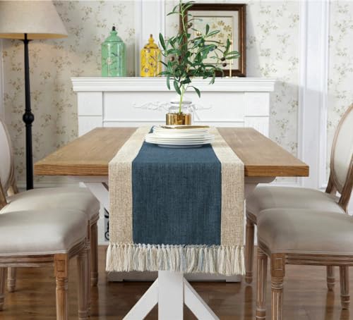Blue Rustic Table Runner with Fringe 15 x 108 Inches - Handmade Home Decor Variation