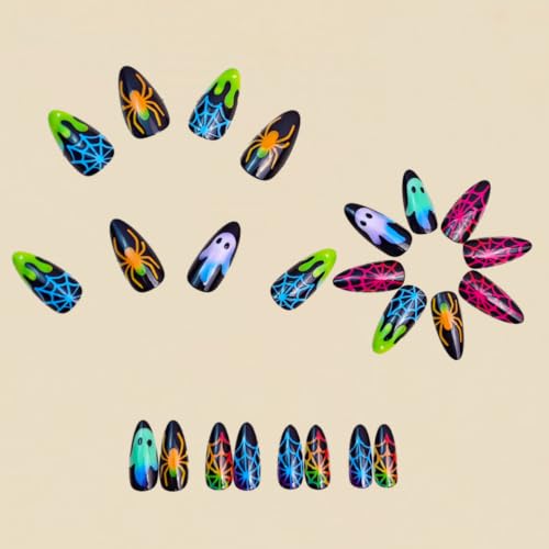 Halloween Design Medium Almond Press On Nails - Ghost & Spider Web Art, 24Pcs - Variation 5