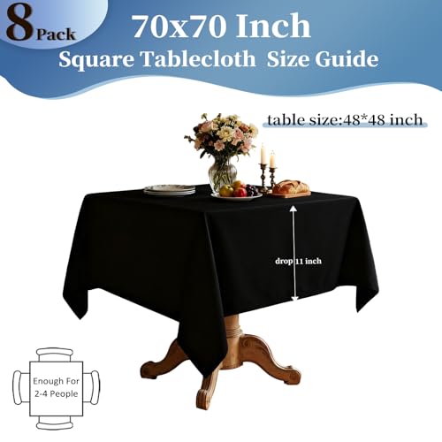 Black 70x70 Inch Square Tablecloth - 8 Pack, Reusable Polyester, Elegant Dining