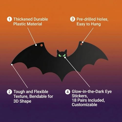 Halloween Hanging Bat Decorations 12-Pack - 3D Flying Plastic Bats for Indoor & Outdoor Yard Lawn Decor