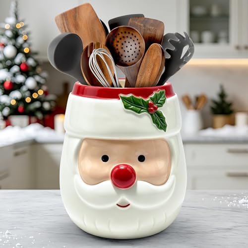 Christmas Santa Ceramic Utensil Holder - Holiday Kitchen Decor - Pinata