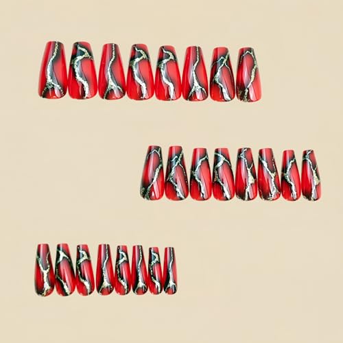 24Pcs Coffin Press On Nails with Gold Crackle and Red Variation - Medium Length Fake Nails for Manicure