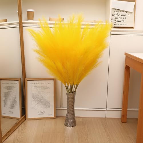 Yellow Pampas Grass Decor - Faux 8 Pieces, 45 Inch Tall, Lifelike Fluffy Stems