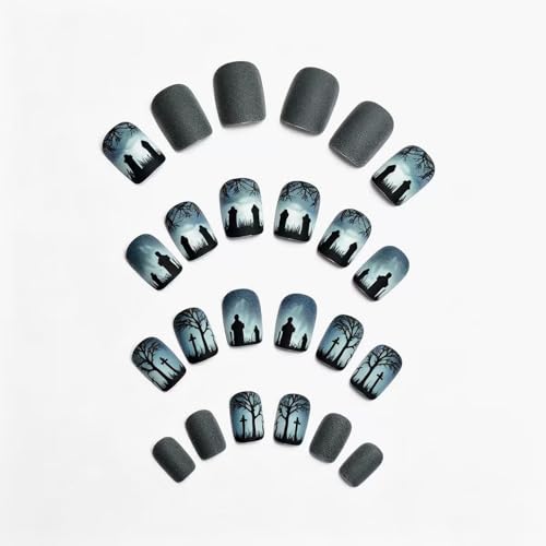Halloween Press On Nails Graveyard Tombstone Short Square Spooky Cemetery Design - Variation 2793