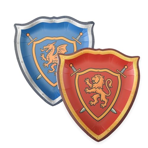 Medieval Knight and Dragon Paper Plates - 48 Pcs Shield-Shaped Tableware for Fantasy & Castle Theme Parties