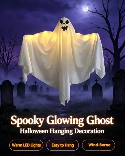 Halloween Hanging Ghost Decorations with String Lights - 3 Pack, 27.6 Inch Outdoor Yard Decor