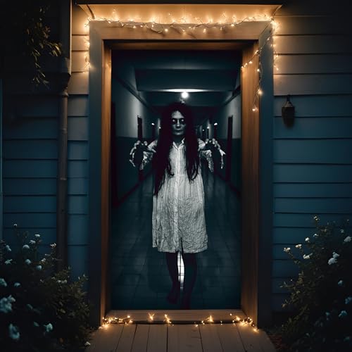Halloween Door Backdrop Banner Ghost Girl Creepy Decor 73x35 Inch - Scary Party Supplies
