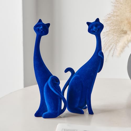 Navy Blue Cat Statue Couple Figurines - Modern Resin Table Decor for Living Room Office