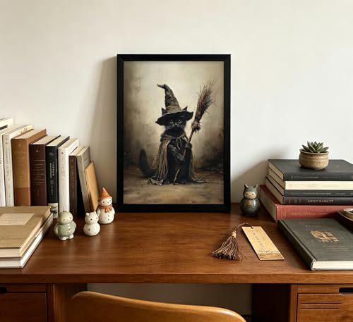 Black Cat Witch Wall Art - 16x12 Inch Framed Halloween Decor - Cat Variation