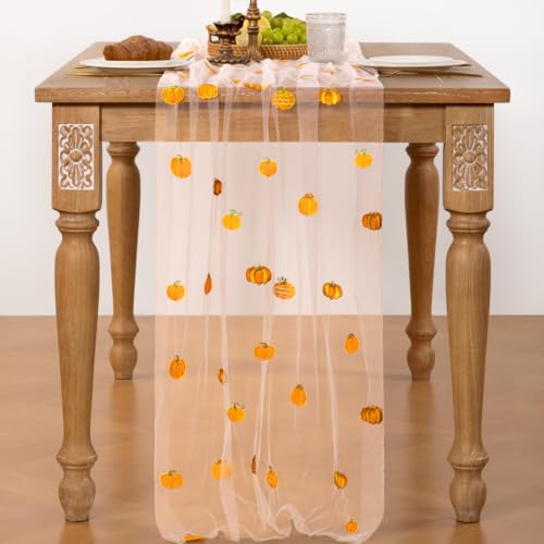 Pumpkin Embroidered Fall Table Runner 120 Inch - Set of 1, Tulle Decor
