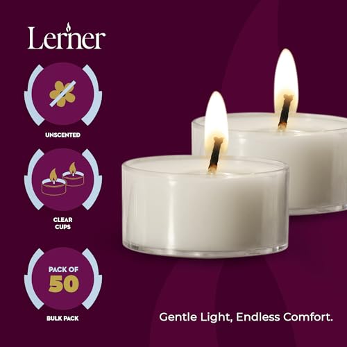Bulk Clear Tea Lights Candles - 50 Pack, 8 Hour Burn Time - Unscented, Long-Lasting, Safe Flameless Decor
