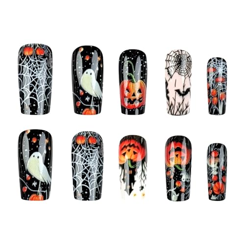 Halloween Fake Nails Press On Nails V2 - Spider Web Ghost Bat Design, Medium Square Full Cover Glossy Acrylic, 24 Pack