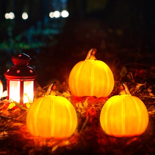 3 Pack Fall Ceramic Light Up Pumpkin Decor - Pumpkin Color, 3.94 x 3.5 Inches
