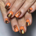 Halloween Press On Nails Glitter Pumpkin Spider Web Short Square Fake Nails - Gold Glitter Design Variation