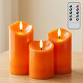 3 Pack Orange Flameless Battery Operated Pillar Candles with Remote Timer