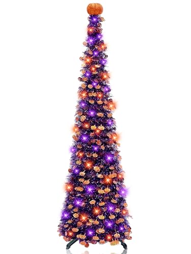 Halloween Black Tinsel Tree with Orange & Purple String Lights - 5 Ft Decor