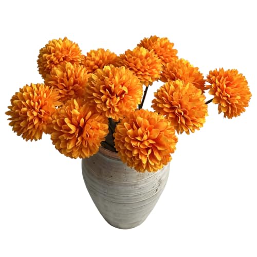 Artificial Mums 12-Inch Silk Flowers with Bendable Wire Stems - Orange, 12 Pack