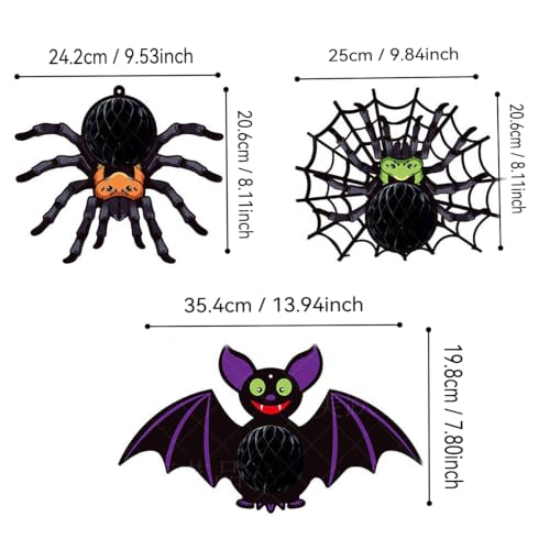 Halloween Hanging Spider Decorations Set - 4 Pcs, 3D Honeycomb Design, Adorable Spooky-Cute Faces, A19 Variation