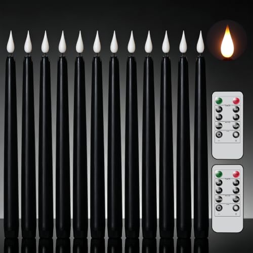 Black Flameless Taper Candles with Remote Timer - 11 Inch Gothic Decor Set of 12