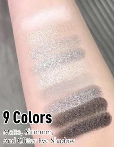 Grey Black Smoky Eyeshadow Palette - 9 Color Matte Shimmer Glitter Makeup Set with Brush