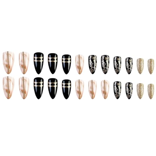 OHWODA Style2 Almond Press On Nails Medium Length Gold Foil Designs 24Pcs