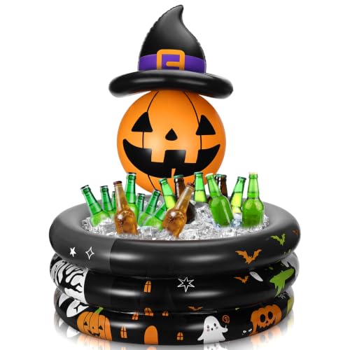 Bright Color Pumpkin with Witch Hat Inflatable Cooler for Halloween Party - Reusable Floating Ice Chest