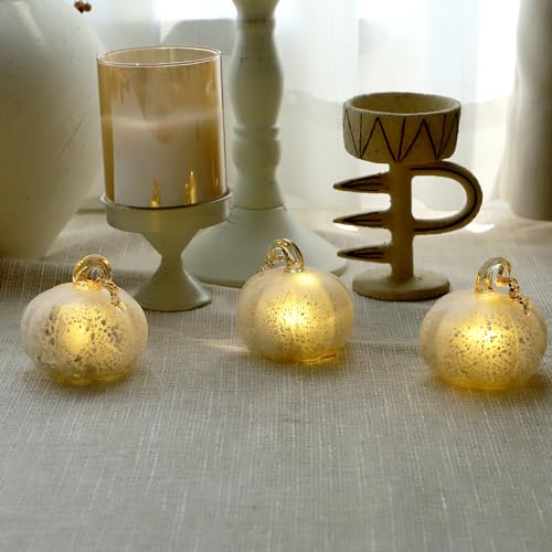 Silver Light Up Pumpkin Set of 3 - Small Glass Halloween Fall Decor for Tables