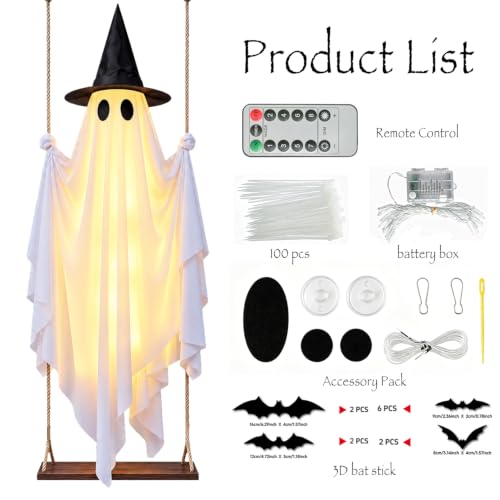Large Outdoor Hanging Swing Ghost Halloween Decor - 5.3FT Light-Up Ghost