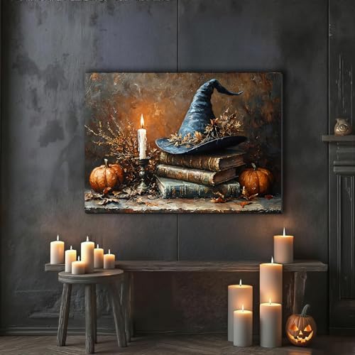 Halloween Canvas Wall Art Framed Poster - Witch Hat Pumpkin Fall 12x18 Variation 1
