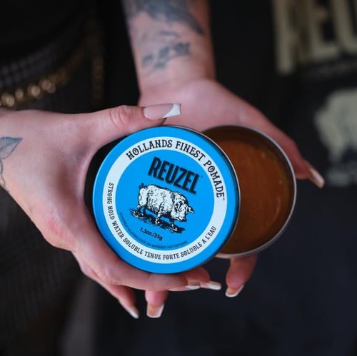 Reuzel Blue Pomade - Strong All-Day Hold, Water Soluble, High Shine, Flake-Free | For All Hair Types