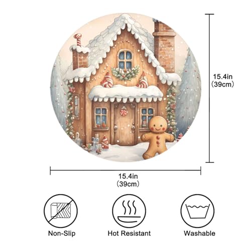 Christmas Snow Gingerbread Man Round Placemats Set of 6 - Holiday Table Decor - Washable & Heat Resistant - 15.4 inch - Variation 8
